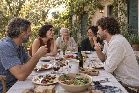 Selected demo photo of friends laughing at the table