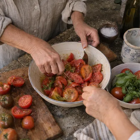 A guest’s close-up of hands preparing tomatoes