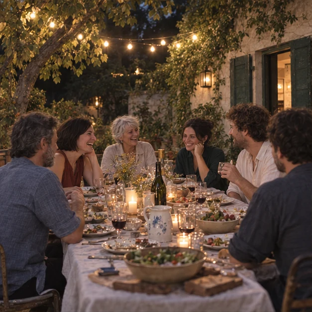 The same gathering continuing into a warm summer evening